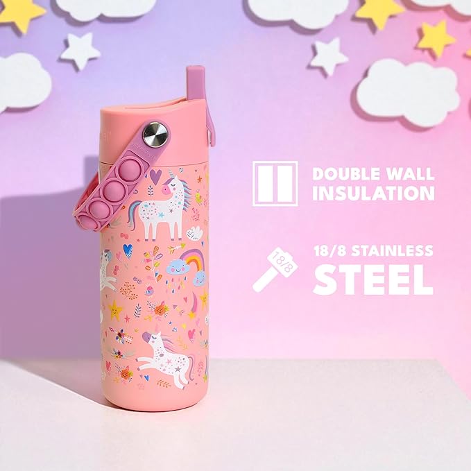 Elemental Insulated Kids Water Bottle, Stainless Steel Water Bottle with Straw Lid & Pop-It Handle, Leak-Proof Water Bottles for School, Boys or Girls, Travelling and Sports, 18oz - Pink Unicorn