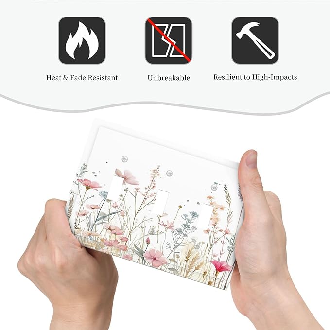 Watercolor Wildflower Pink Flower Plant Floral Decorative Switch Plates 3 Gang Wall Plate Triple Toggle Light Switch Cover Faceplate Electrical Wall Panels for Bedroom Living Room Decor