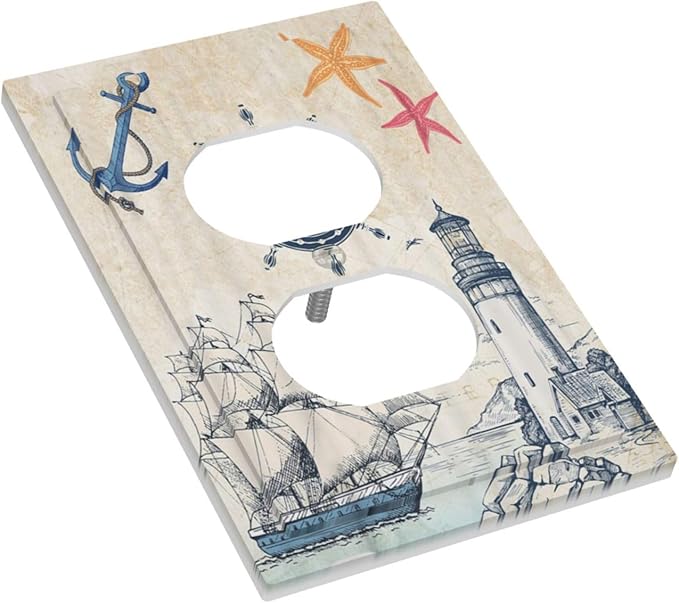 Nautical Sailboat Beach Anchor Pirate Beacon Ocean 1 Gang Outlet Plate Decorative Single Duplex Wall Plate Covers Electrical Receptacle Light Switch Cover Faceplate Switchplate for Farmhouse Decor