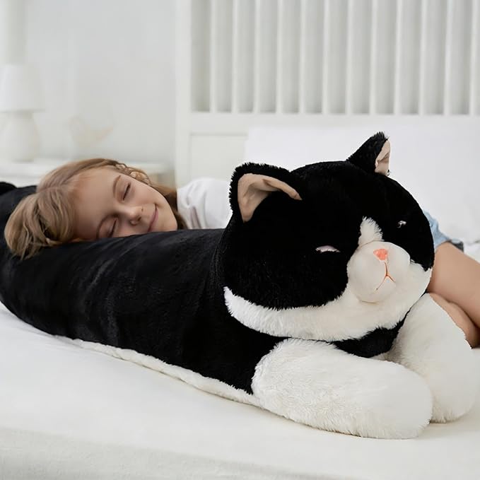 48inch Giant Cat Stuffed Animal Pillow, Cute Big Jumbo Black Cat Body Pillow Plush Toy, Large Cat Soft Fluffy Kitty Plushies Gift for Kids Boys Girls & Adult, Birthday
