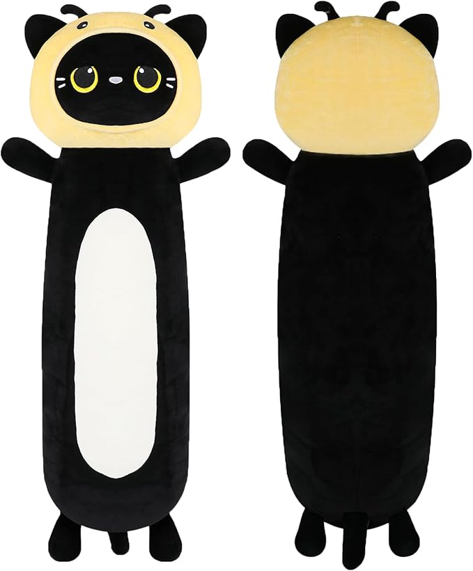 22 inch Black Cat Bee Stuffed Plush Toy, Kitty Stuffed Animals Honeybee Body Pillow, Kawaii Soft Plushie Gfit for Kids Boys Girls, Birthday