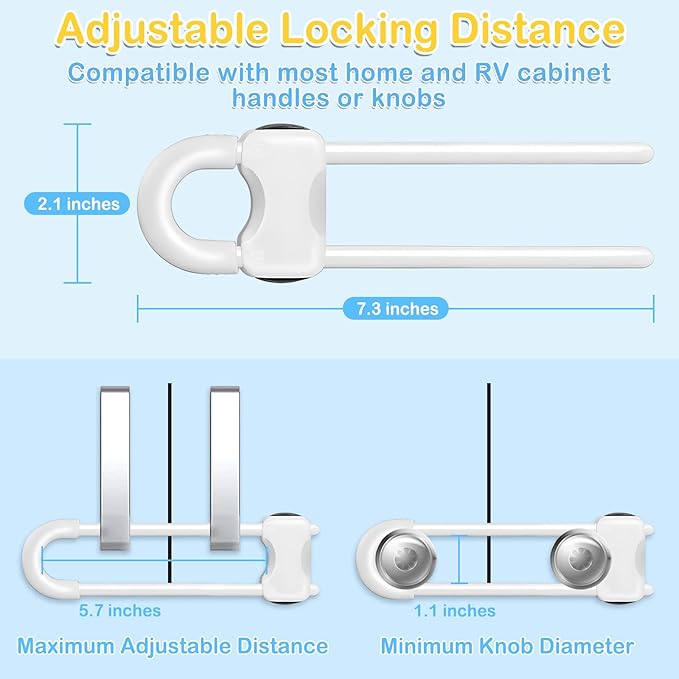 Modacraft 10 Pcs Sliding Cabinet Latches, U Shaped Cabinet Door Locks, Baby Cabinet Safety Latches for Baby Proofing, No Drilling Tool-Free Installation Easy to Use for Knobs or Handle Double Door