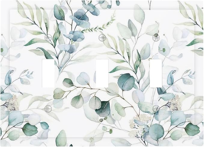 Watercolor Spring Eucalyptus Green Saga Leaves Nature Plant Botanical Decorative Three Device Decorator Outlet Light Switch Wall Plate Cover 3 Gang Jumbo Size Triple Toggle Receptacle Faceplate Cover