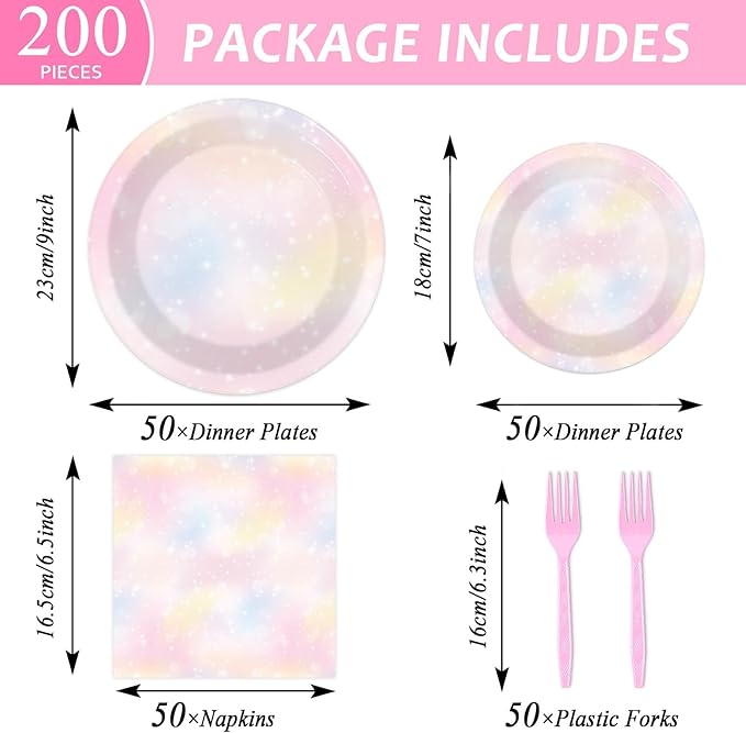 200pcs Pastel Rainbow Party Plates Napkins Pastel Paper Tableware Set Rainbow Cloud Cake Dessert Disposable Dinnerware Themed Party Decoration for Baby Shower Birthday Decor Supplies Serves 50