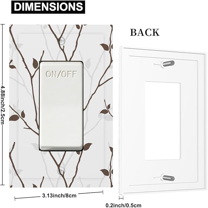 Silhouette Branches Single Rocker Switch Cover - 1-Gang Standard US Size Minimalist Twig & Leaf Light Switch Covers, Rustic Botanical Woodland for Farmhouse Home Decor