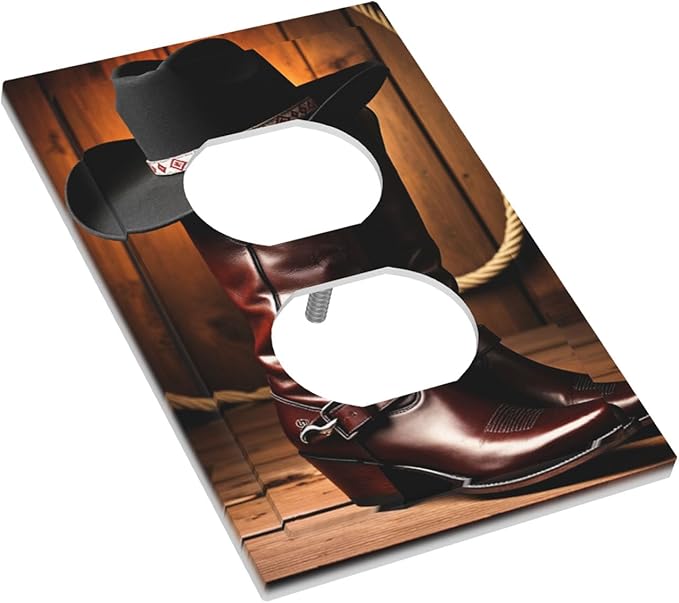 Western Cowboy Boots & Hat Duplex Wall Plate - 1-Gang Standard US Size Rustic Ranch Cowboy Outlet Covers for Man Cave Bedroom Decor