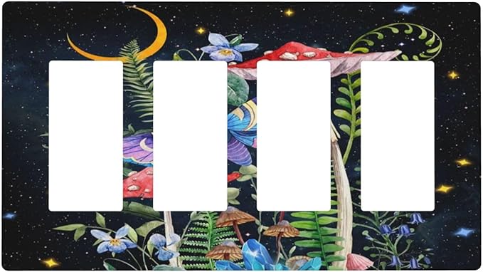 Witchy Hippie Bohemian Mushroom Boho Starry Moon Night Stars Butterfly Floral 4 Gang Quad Device Screwless Decorator GFCI/Rocker Wall Plate Light Switch Dimmer Receptacle Outlet Cover Standard Size