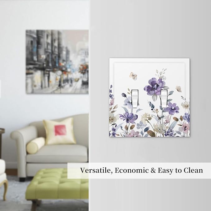Purple Watercolor Flower Floral Butterfly Decorative Switch Plates 2 Gang Double Toggle Outlet Light Switch Cover Wall Plate Electrical Faceplate for Bedroom Living Room Decor