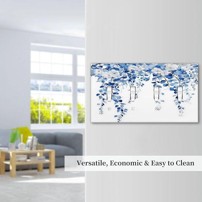 Blue Eucalyptus Leaves Floral Vine Flower Light Switch Covers Quad Toggle Electrical Faceplate 4 Gang Wall Plate Decorative Switch Plates for Bedroom Living Room Decor