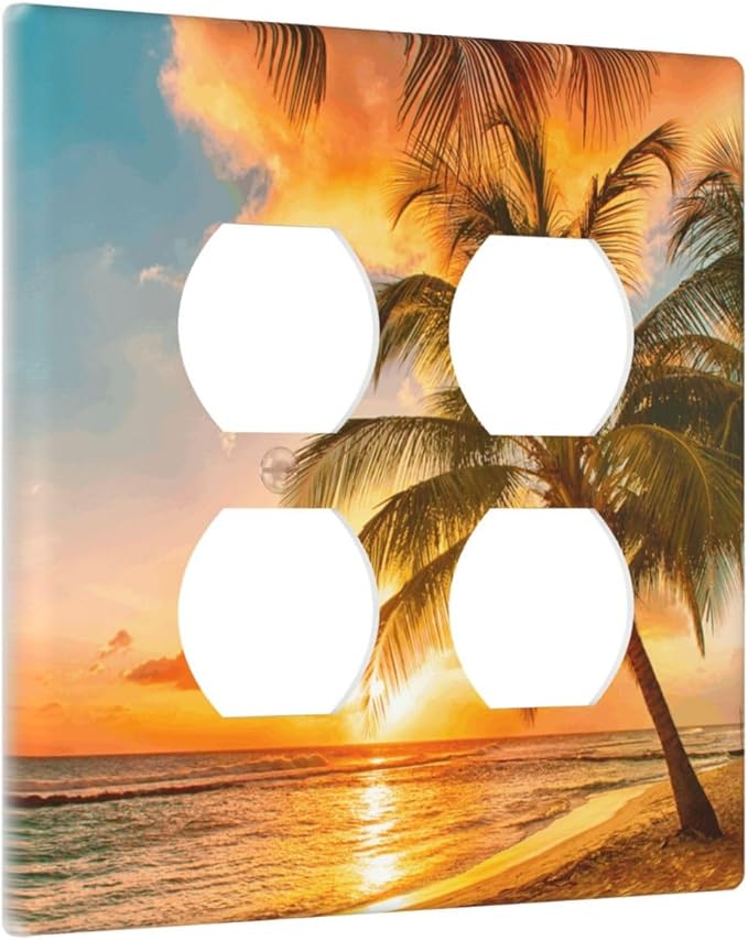 Decorative Outlet Covers Tropical Beach Ocean Palm Trees Hawaiian Sunset 2 Gang Wall Plate Double Duplex Light Switch Cover Switch Plate Covers Faceplate for Bedroom Home Decor
