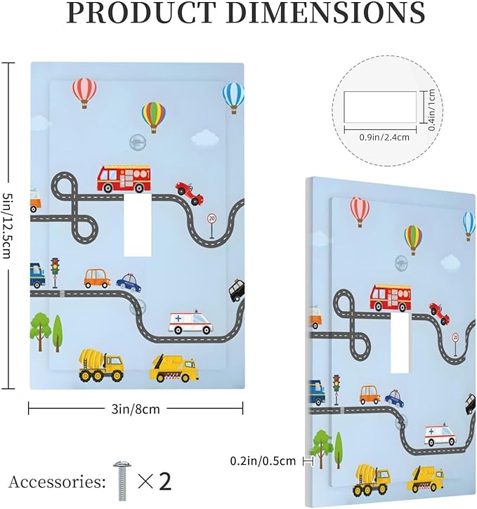 Road Construction Car Truck Hot Air Balloon Decorative Light Switch Cover 1 Gang Single Toggle Device Electrical Faceplate Switchplates Decorator Outlet Wall Plate for Nursery Kids Room Decor