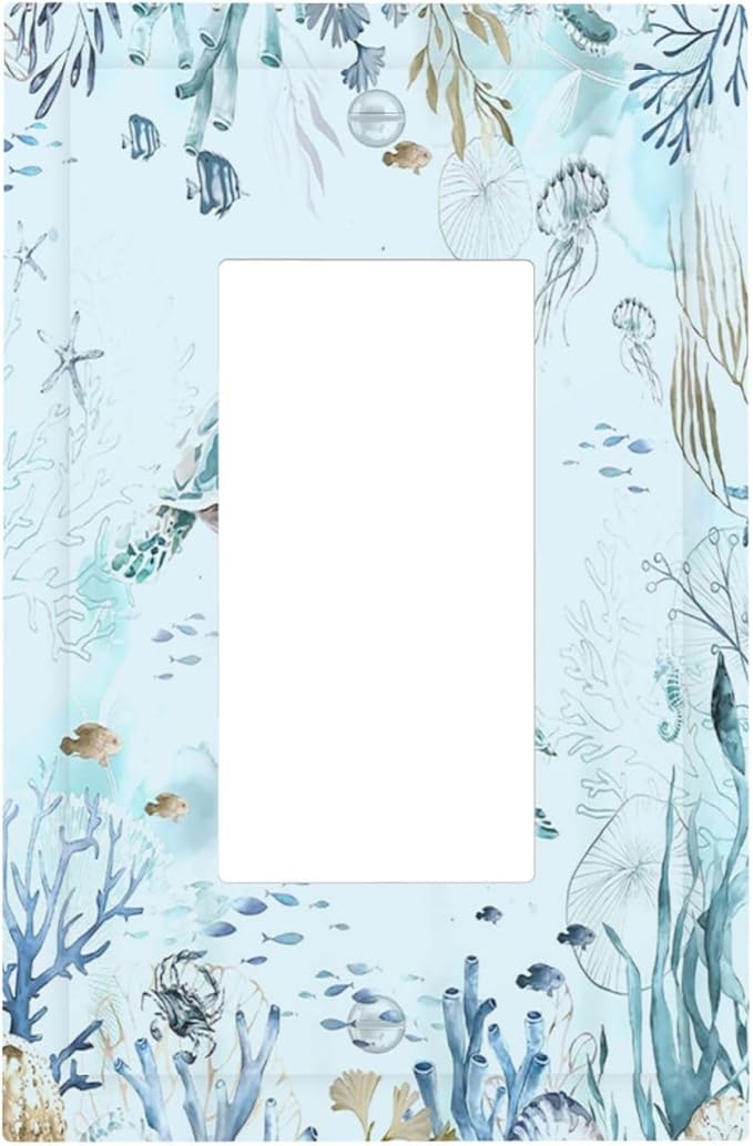Decorative Outlet Covers Teal Blue Ocean Sea Turtle Seabed Plants 1 Gang Single Rocker Light Switch Cover Plate Wall Plates GFCI Faceplate for Bathroom Kids room Decor