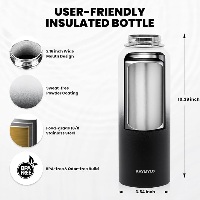RAYMYLO Insulated Water Bottle 40 oz, Triple Wall Vacuum Stainless Steel (Cold for 36Hrs, Hot for 18Hrs), Leak Proof & Non-BPA, Modern Water Flask Jug with Paracord Handle & Straw Spout Lids