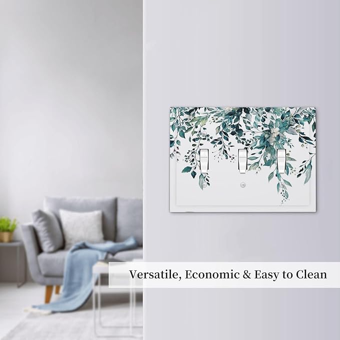 Decorative Light Switch Cover Plate Green Eucalyptus Boho Olive Leaves Country Unique 3 Gang Wall Plate Switch Plate Covers Triple Toggle Jumbo Electrical Faceplate for Bedroom Decor