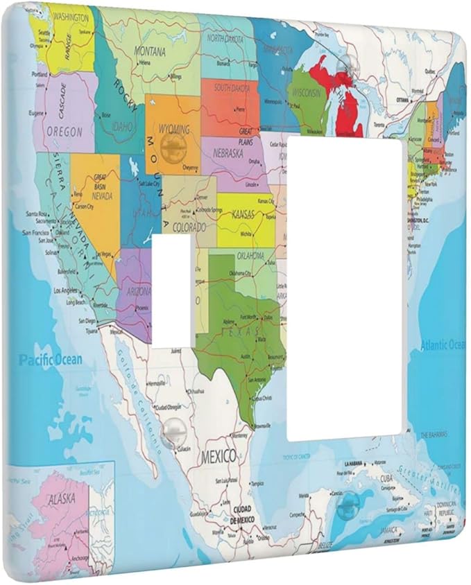 USA Map 2 Gang Single Toggle/Rocker Combination Light Switch Cover Decorative Wall Plate Faceplate Boys Kids Teen Girl Bedroom Room Decorate 4.5" x 4.5