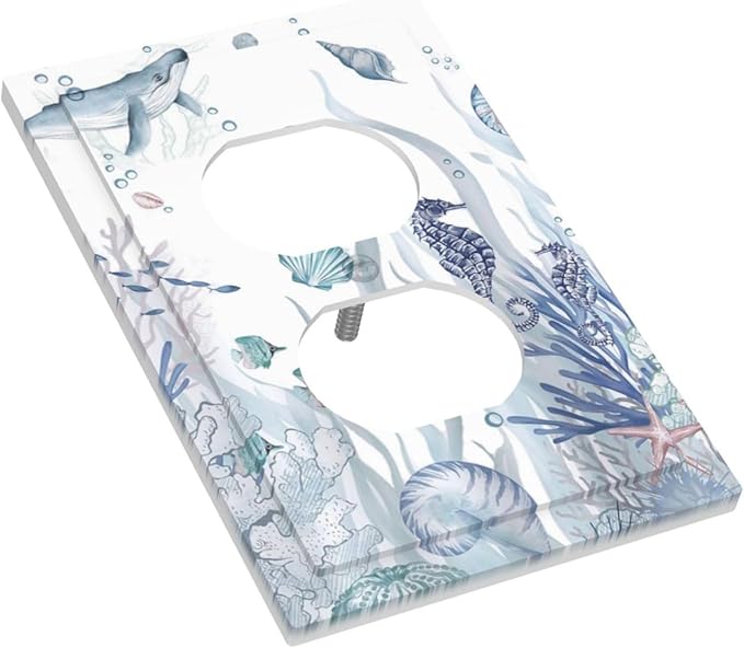 Ocean Themed Coral Seahorse Seashell Starfish Beach Outlet Covers 1 Gang Duplex Light Switch Cover Decorative Switch Plates Electrical Receptacle Faceplate Wall Plate for Bathroom Home Decor