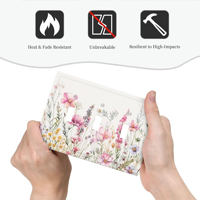 Pink Floral Wild Flowers Watercolor Plants Decorative Switch Plates 3 Gang Wall Plate Triple Toggle Light Switch Cover Faceplate Electrical Wall Panels for Bedroom Living Room Decor