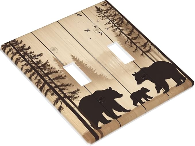 Cabin Bear Woodland 2-Gang Double Toggle Switch Plate, Rustic Wooden Bear Wall Plate for Cabin, Lodge, Farmhouse & Bedroom