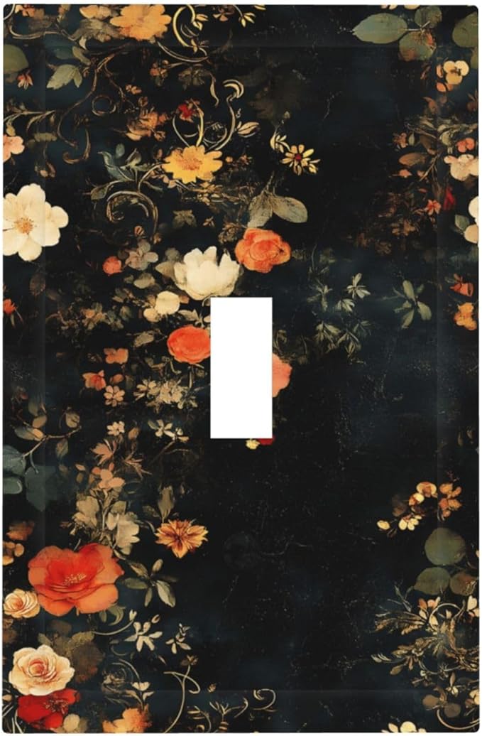 Vintage Orange Pink Black Roses Floral Flower Decorative Light Switch Cover 1 Gang Single Toggle Device Electrical Faceplate Switchplates Decorator Outlet Wall Plate for Farmhouse Bedroom Decor