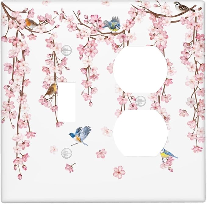 Pink Cherry Blossom Flower Vine Floral Tree Branch Birds Wallplates 1 Toggle 1 Duplex Switch Plate Electrical GFCI Faceplate Decorative Light Switch Covers for Bedroom Living Room Decor