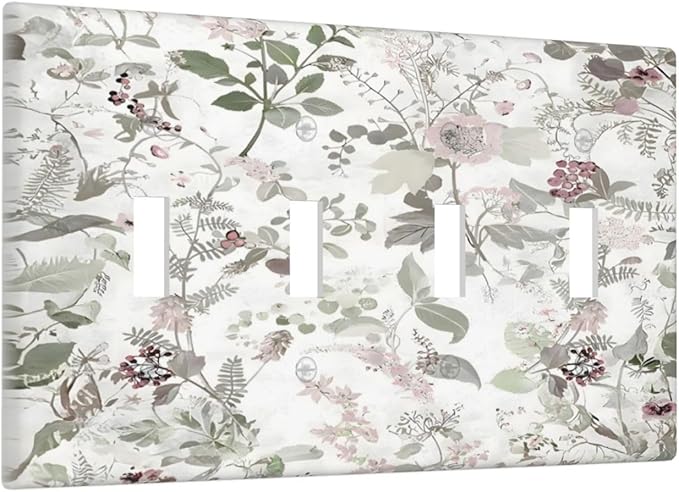 Boho Floral Leaf Vintage Watercolor Flower Light Switch Covers Quad Toggle Electrical Faceplate 4 Gang Wall Plate Decorative Switch Plates Cover for Farmhouse Bedroom Decor