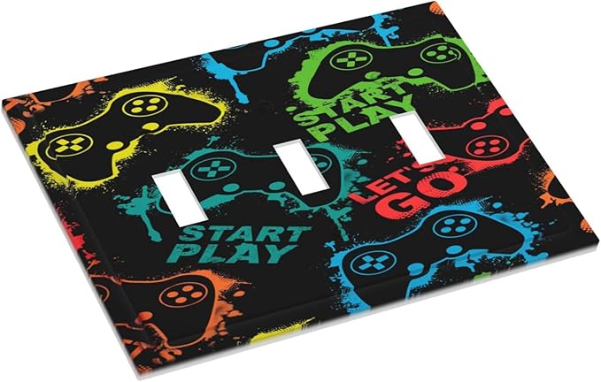 Gaming Hippie Gamer Modern Gamepad Colorful Graffiti Decorative Switch Plates 3 Gang Wall Plate Triple Toggle Light Switch Cover Faceplate Electrical Wall Panels for Kids Room Nursery Decor