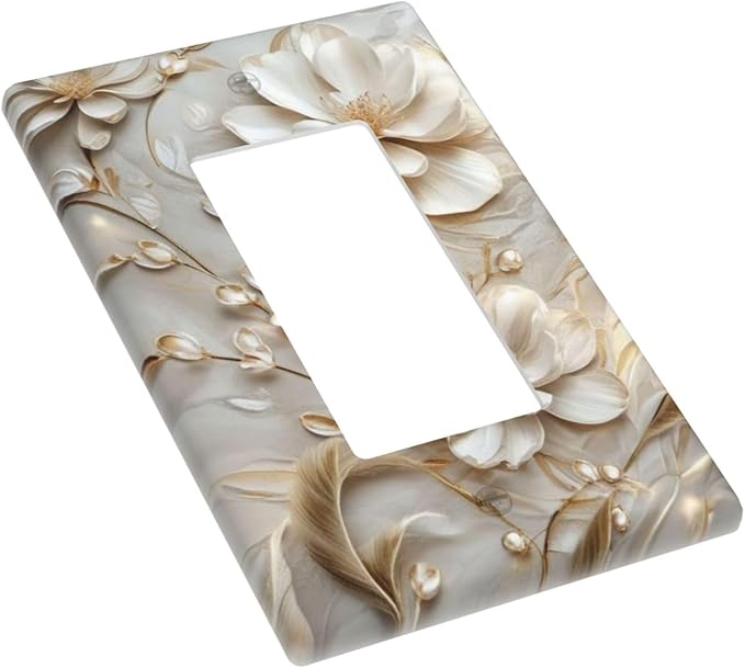 Decorative Art Light Switch Covers Elegant White and Gold Florals 1 Gang Rocker Outlet Wall Plate Switchplate Electrical Faceplate for Home Decor
