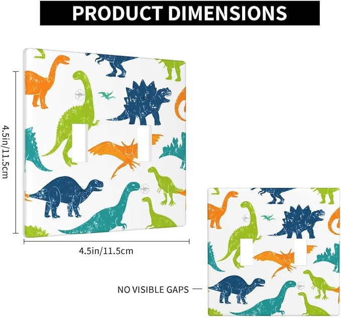 Colorful Dinosaur 2-Gang Double Toggle Light Switch Plate, Watercolor Blue & Green Dinosaur Cartoon Wall Plate for Boys Bedroom, Playroom & Nursery