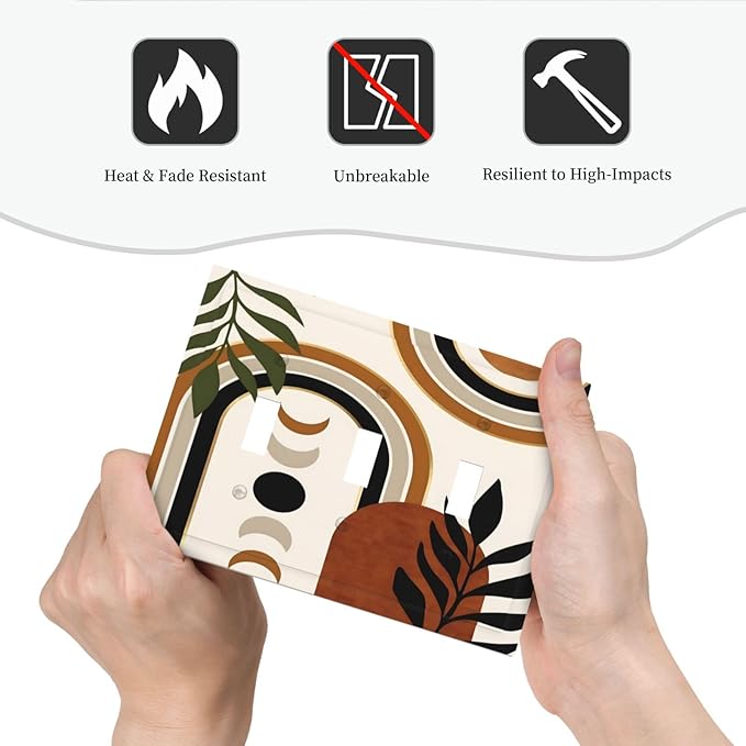 Boho Mid Century Arch Plant Leaves Sun Moon Decorative Switch Plates 3 Gang Wall Plate Triple Toggle Light Switch Cover Faceplate Electrical Wall Panels for Bedroom Living Room Decor