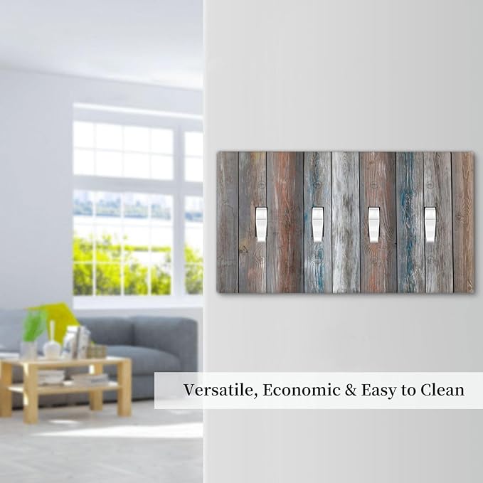 Light Switch Cover Vintage Blue Grey Wood Plank 4 Gang Switch Plate Quad Toggle Wall Plates Rustic Country Decorative Switchplate Electrical Outlet Cover Plates for Farmhouse Home Decor