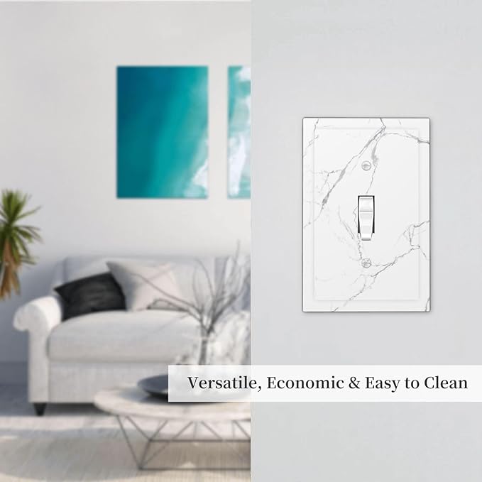 Luxurious White Marble Abstract Print Decorative Light Switch Cover 1 Gang Single Toggle Device Electrical Faceplate Switchplates Decorator Outlet Wall Plate for Bathroom Kitchen Bedroom Decor