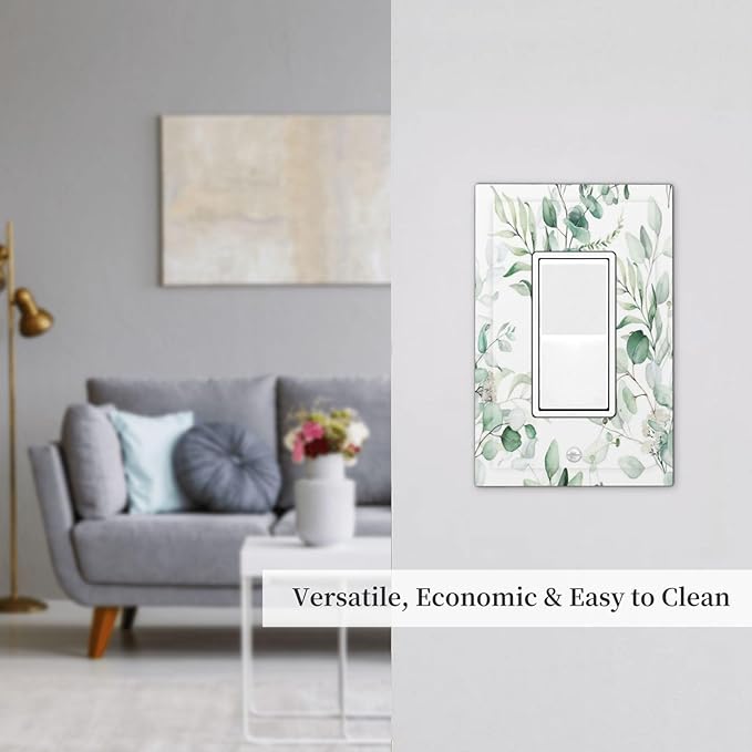 Boho Green Eucalyptus Leaf Floral Plants Flowers Decorative Outlet Covers 1 Gang Single Rocker Light Switch Cover Plate Wall Plates GFCI Faceplate for Bed Room Living Room Decor
