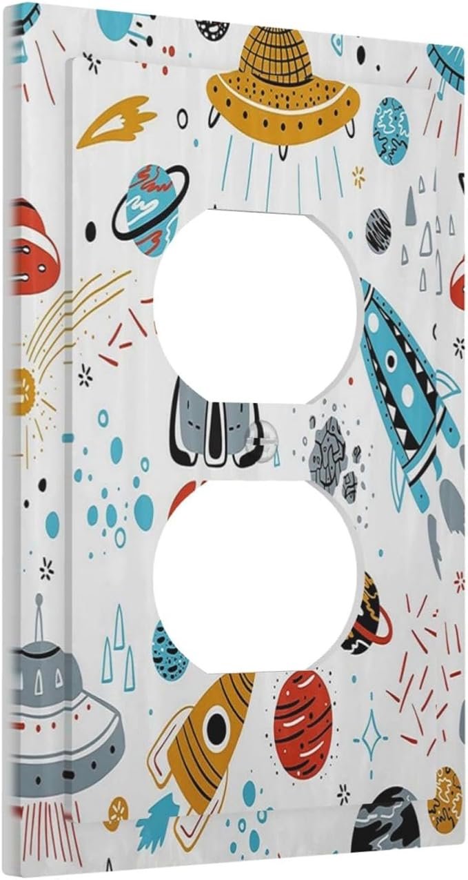 Cartoon Space Rocket Boys Universe Planet 1 Gang Outlet Plate Decorative Single Duplex Wall Plate Covers Unique Electrical Receptacle Light Switch Cover Art Faceplate Switchplate for Kidroom Decor