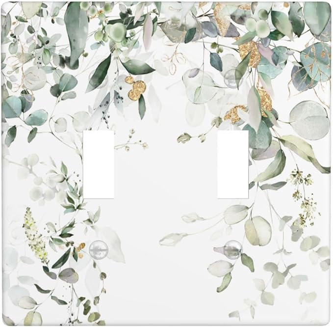 Green Leaves Watercolor Double Light Switch Cover Plates Decorative 2 Gang Wall Plate Double Toggle Lightswitch Cover