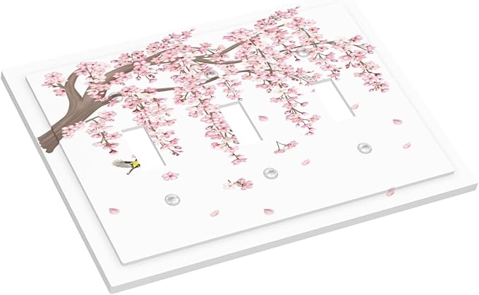 Pink Flower Tree Branch Cherry Blossom Tree Floral Birds Decorative Switch Plates 3 Gang Wall Plate Triple Toggle Light Switch Cover Faceplate Electrical Wall Panels for Bedroom Living Room Decor