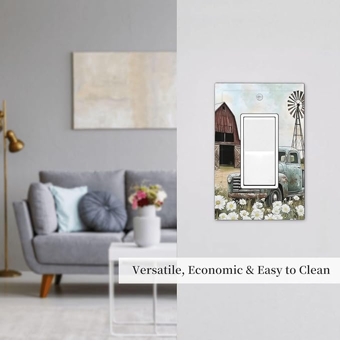 Retro Trucks Old Barn Windmill Teal Car Rustic Decorative Outlet Covers 1 Gang Single Rocker Light Switch Cover Plate Wall Plates GFCI Faceplate for Farmhouse Home Decor