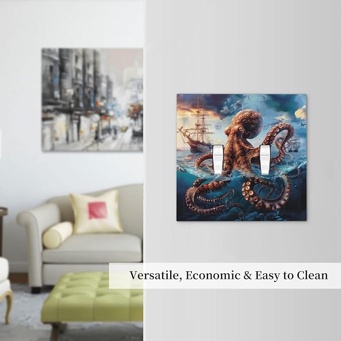 Light Switch Cover Plate Deep Ocean Octopus Sailboat Sea Monster 2 Gang Double Toggle Decorative Switch Plates Plug Cover Wall Plates Electrical Faceplate for Bathroom Bedroom Decor