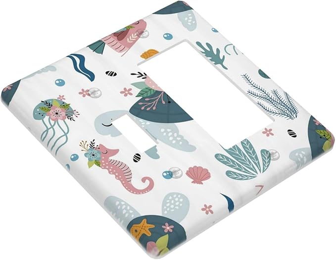 Underwater Floral Turtle Animal 2 Gang Light Switch Covers Single Toggle Rocker Combo Wall Plate Electrical Faceplate Decorative Switchplate for Nursery Kidsroom Bedroom Decor