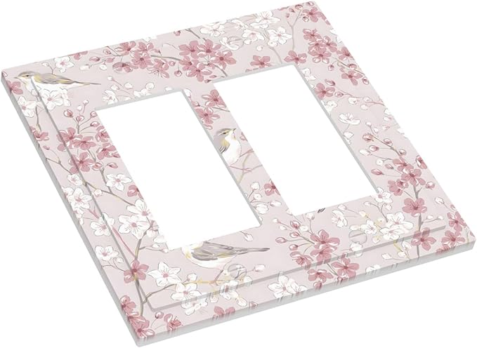 Pink Sakura Cherry Blossom Vintage Bird Floral Flower Decorative Outlet Covers 2 Gang Double GFCI Rocker Electrical Wall Panels Light Switch Cover Plate for Bedroom Living Room Decor