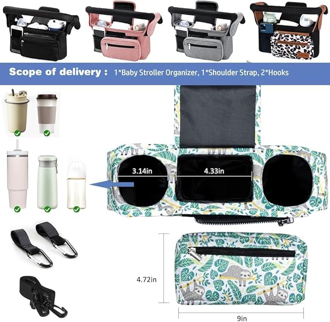 Baby Stroller Organizer, Universal Stroller Organizer with Detachable Phone Bag, Stroller Caddy with 2 Insulated Cup Holders, Buggy Organizer Bag with 2 Hooks Fits Most Strollers (Sloth)