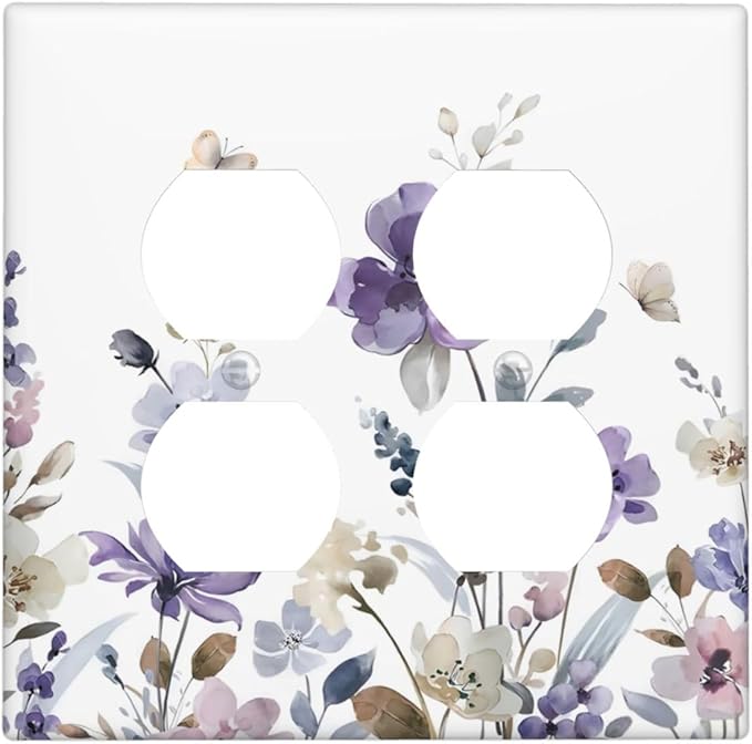 Purple Watercolor Flower Floral Butterfly Outlet Covers 2 Gang Double Duplex Decorative Light Switch Covers Electrical Wallplates Socket Faceplate for Bedroom Living Room Decor