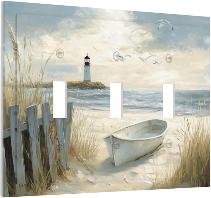 Sea Beach 3 Gang Light Switch Cover Old Ship Reed Lighthouse Seascape Triple Toggle Wall Plate Decorative Electrical Switchplates for Country Bedroom Kitchen Living Room Home Decor