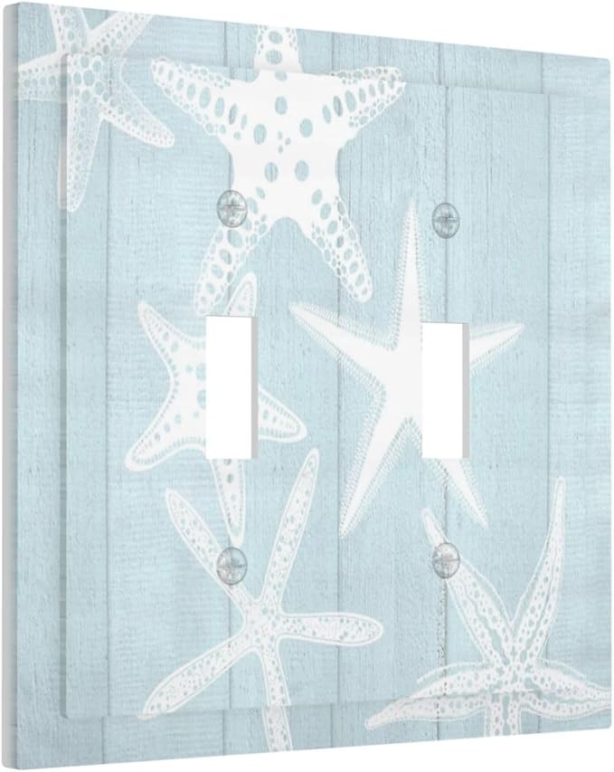Beach Starfish Vintage Wood Rustic Country Ocean Decorative Switch Plates 2 Gang Double Toggle Outlet Light Switch Cover Wall Plate Electrical Faceplate for Farmhouse Kids Room Decor