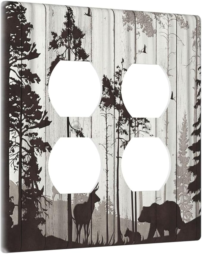 Decorative Outlet Covers Rustic Deer Hunting Forest Grey Wood Plank 2 Gang Wall Plate Double Duplex Light Switch Cover Switch Plate Covers Faceplate for Bedroom Home Decor