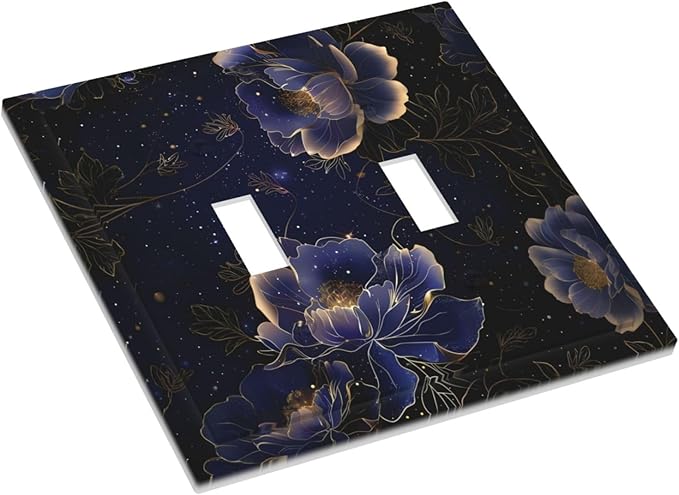 Navy Blue Floral Vintage Flower Dark Watercolor Decorative Switch Plates 2 Gang Double Toggle Outlet Light Switch Cover Wall Plate Electrical Faceplate for Bedroom Living Room Decor