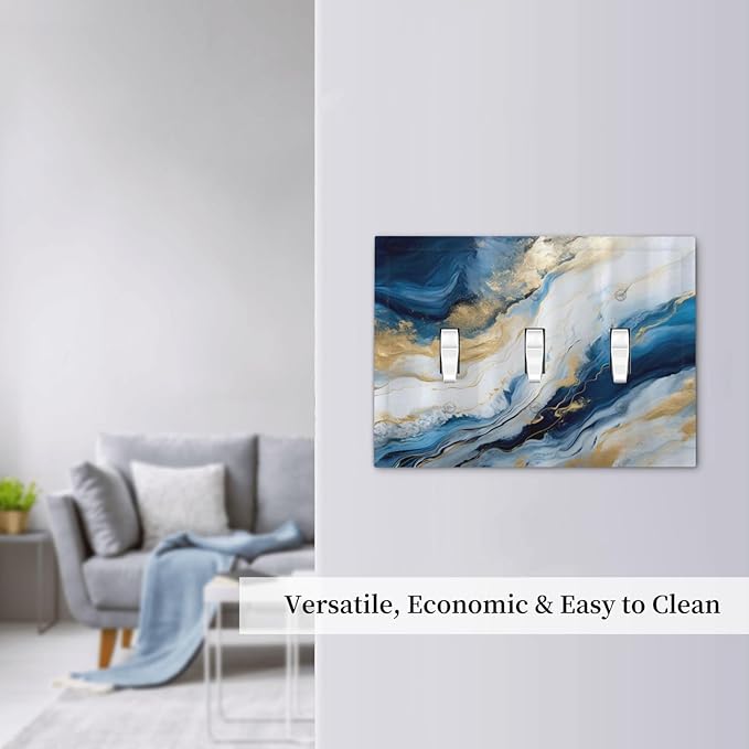 Abstract Blue Granite Luxury Watercolor Marble Texture Print 3 Gang Light Switch Covers Decorative Unique Triple Toggle Wall Plate Electrical Faceplate Switchplate for Bathroom Bedroom Decor