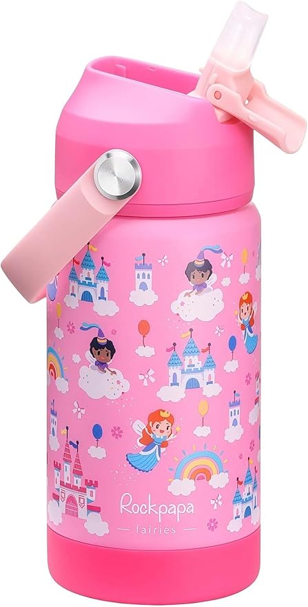 rockpapa 14 oz Kids Insulated Water Bottle，Stainless Steel Toddler Cups with Straws, BPA Free, Leak-Proof, Kids Water Bottle for School Boys& Girls (Pink Fairies)