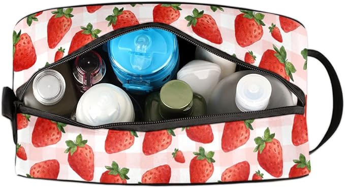 Kids Toiletry Bag for Girls - Strawberry Travel Toiletry Bag Hanging Dopp Kit Cosmetic Bag Makeup Bag Shower Shaving Bag for Toiletries Accessories