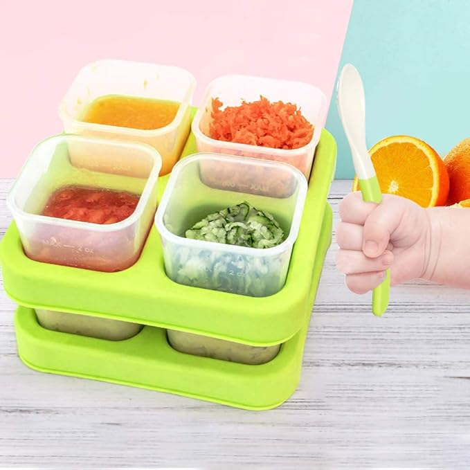 Matyz 8-Pack Plastic Food Storage Containers With Lids Airtight Freezer Safe (Green, 4 OZ Each) - Baby Food Portion Containers With Trays Stackable Baby Plastic Food Storage Containers Microwave Safe