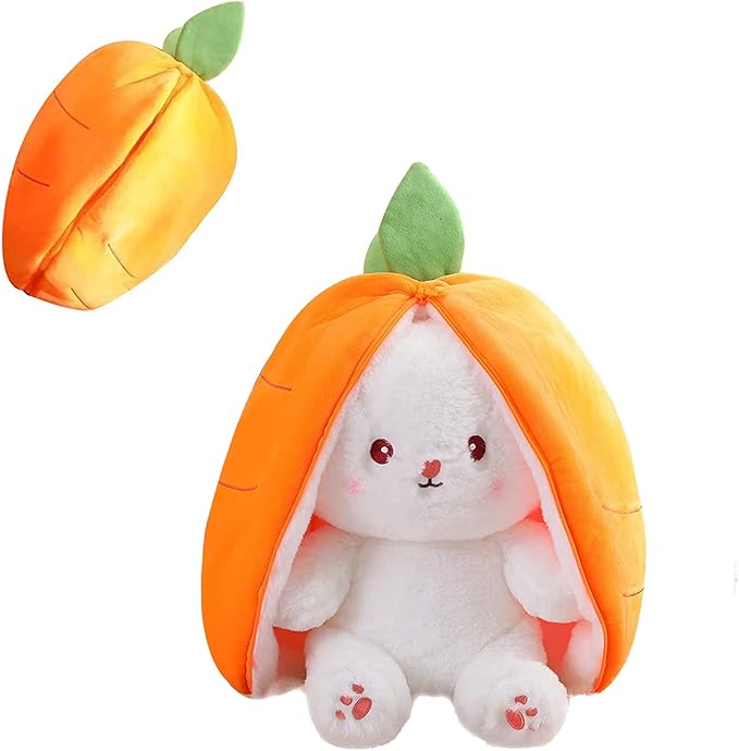 2PCS Reversible Carrot Strawberry Bunny Plush with Zipper, Easter Bunny Stuffed Animal Toy, Cute Rabbit Plushie Birthday Gift for Boys Girls Kids (1pcs 13.8" Carrot)